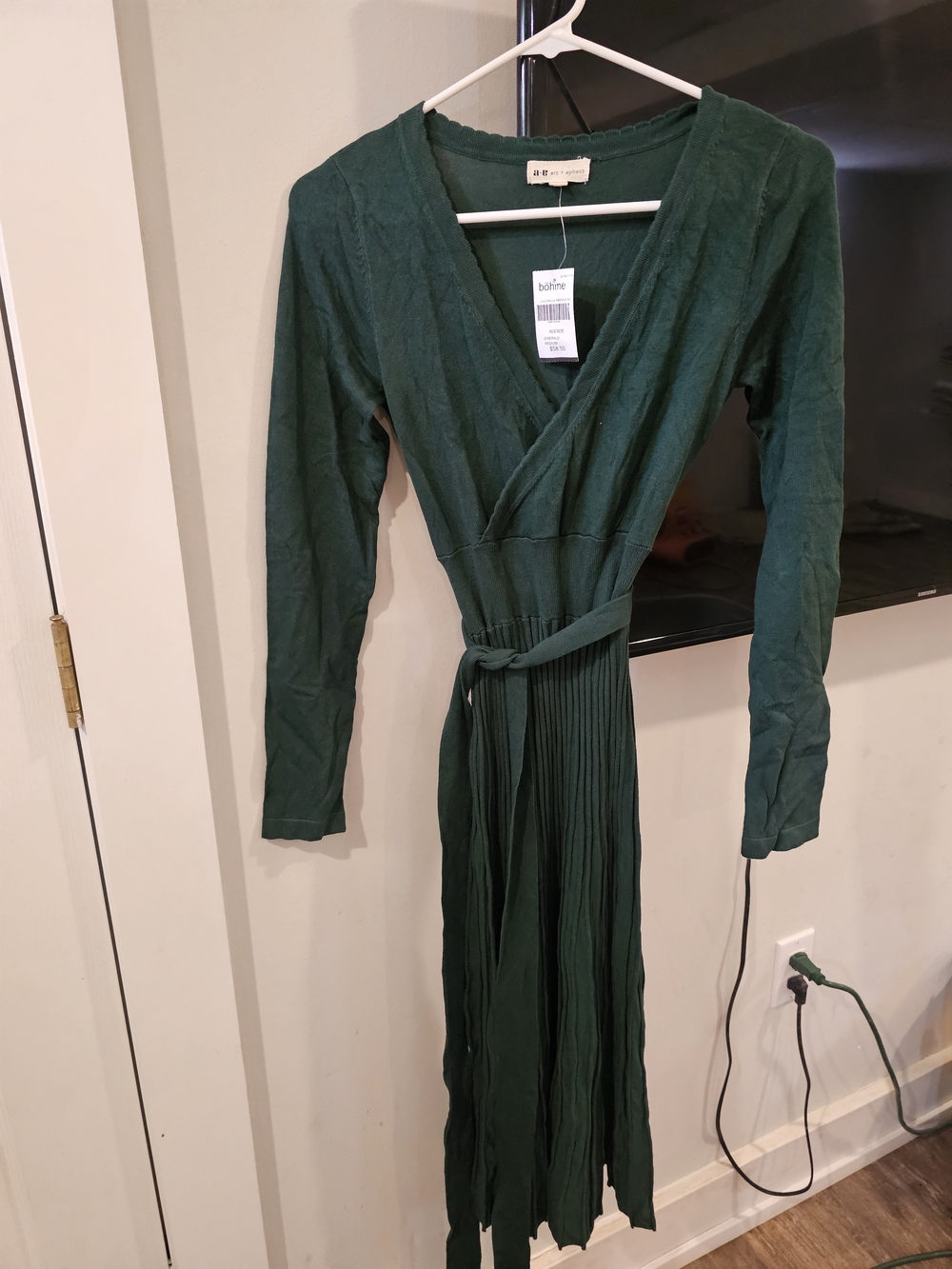 Boheme Forest Green Long Sleeve Wrap Dress with Pleated Skirt
